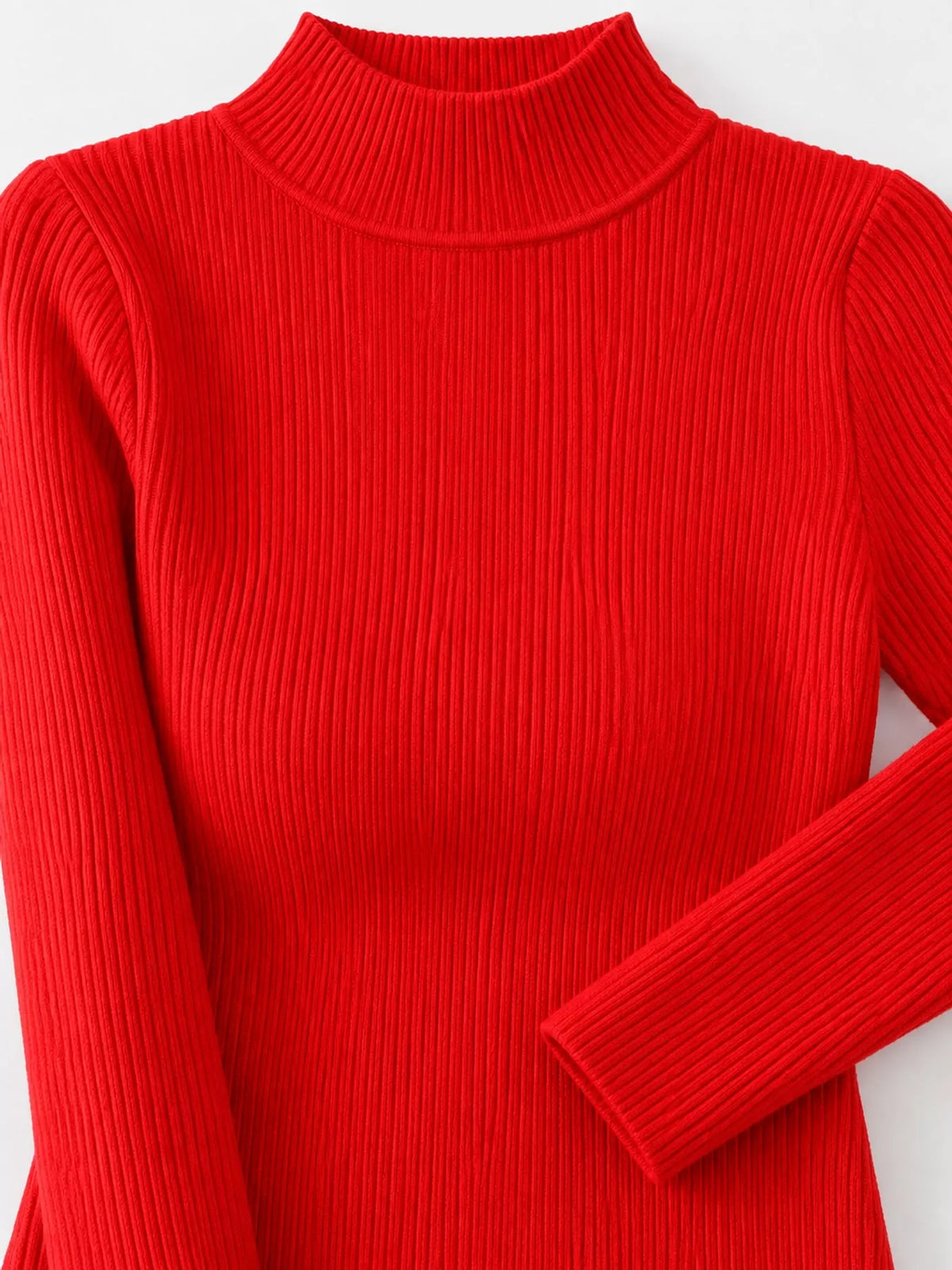 Red ribbed mock neck long sleeve knit top, ribbed knit and neckline detail