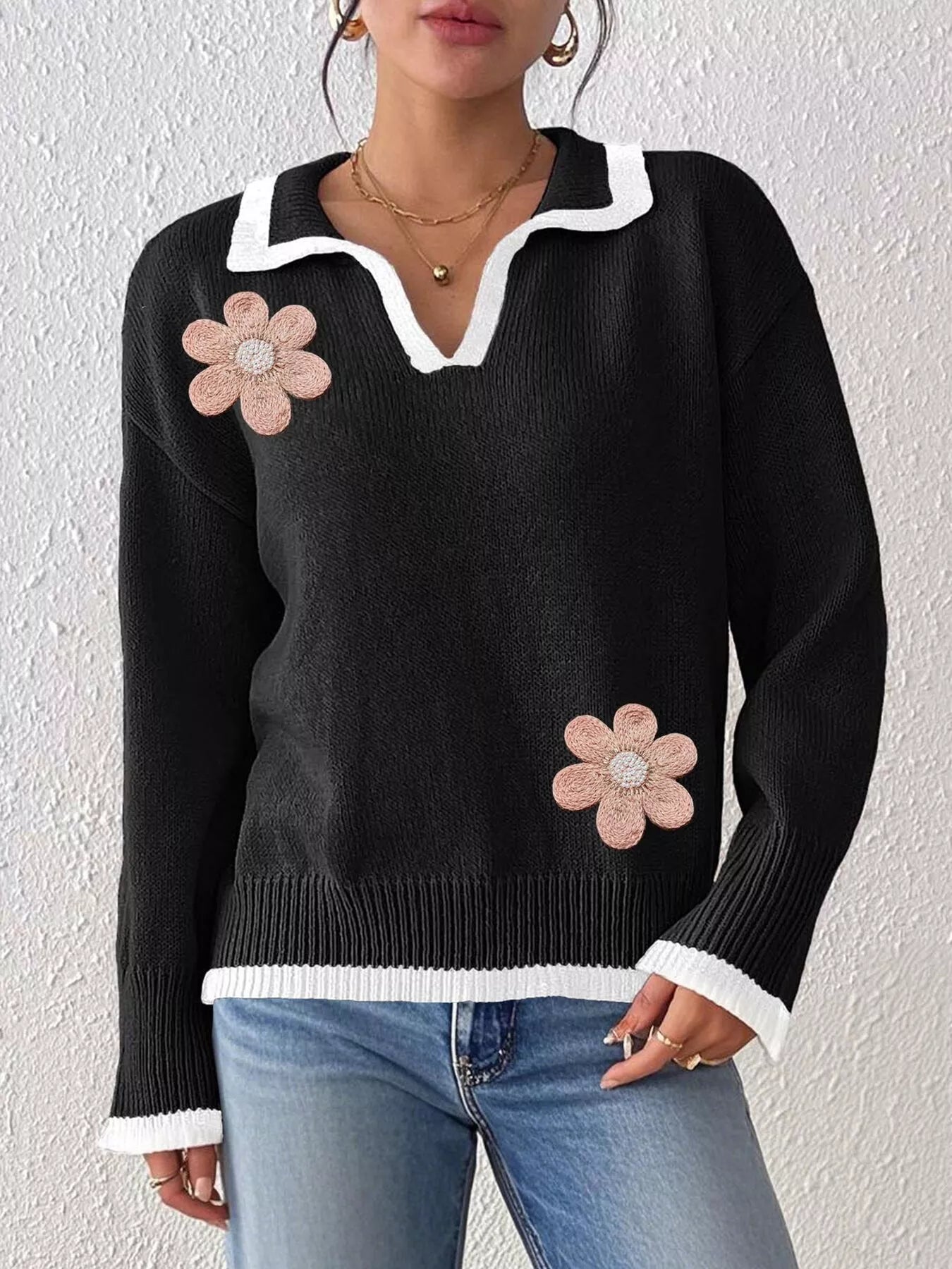 Flower contrast-trim dropped-shoulder sweater