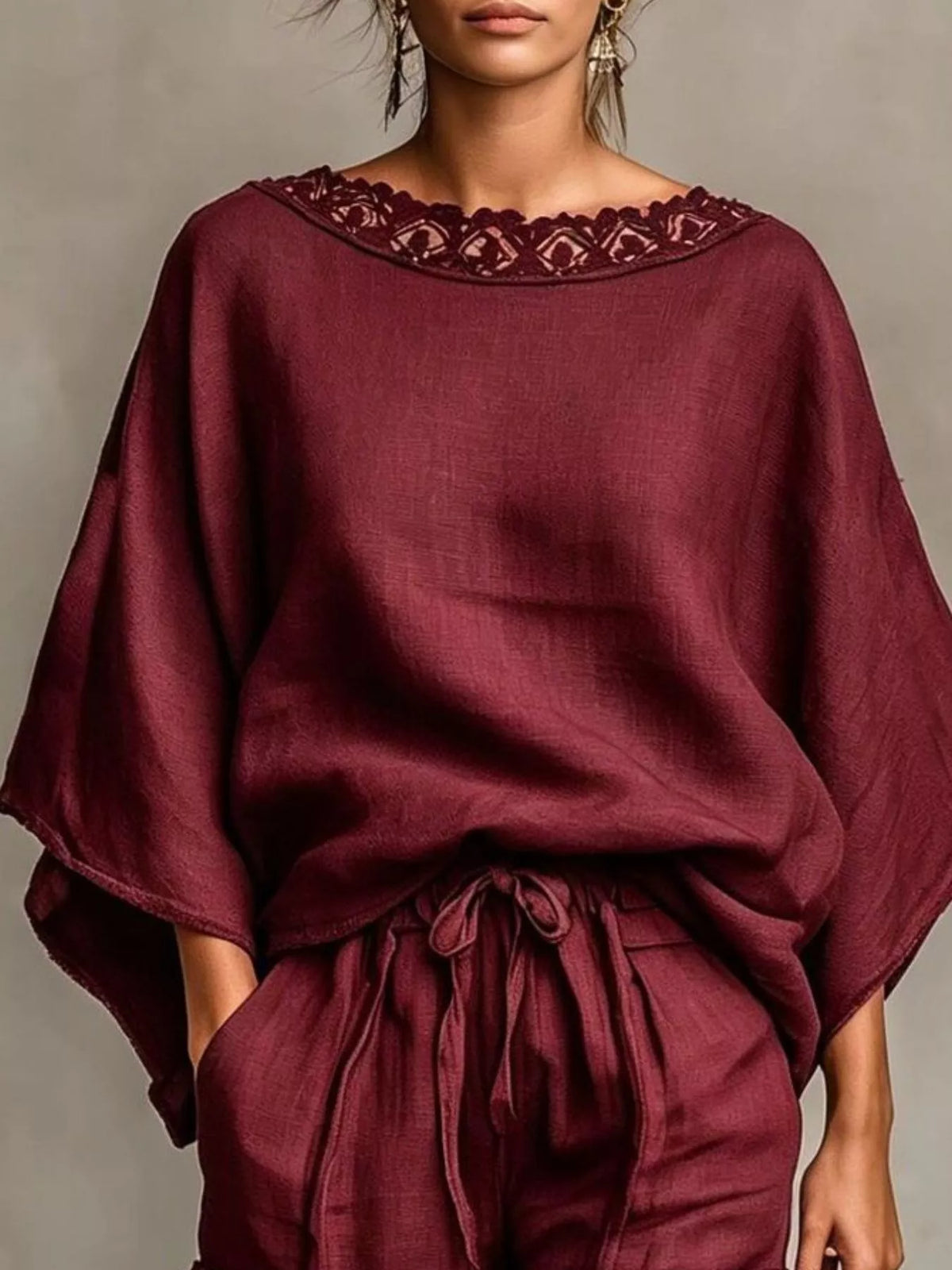 Burgundy lace-trim top and drawstring shorts set, lace neckline and waist detail.