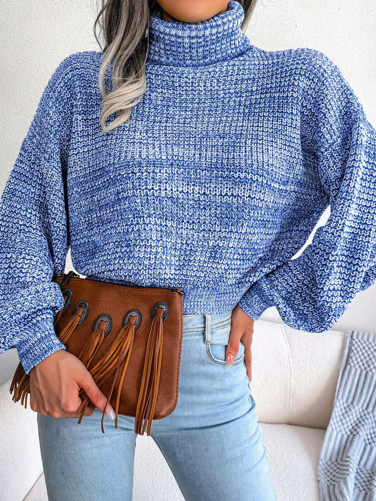 Turtleneck Dropped Shoulder Sweater in blue, back view