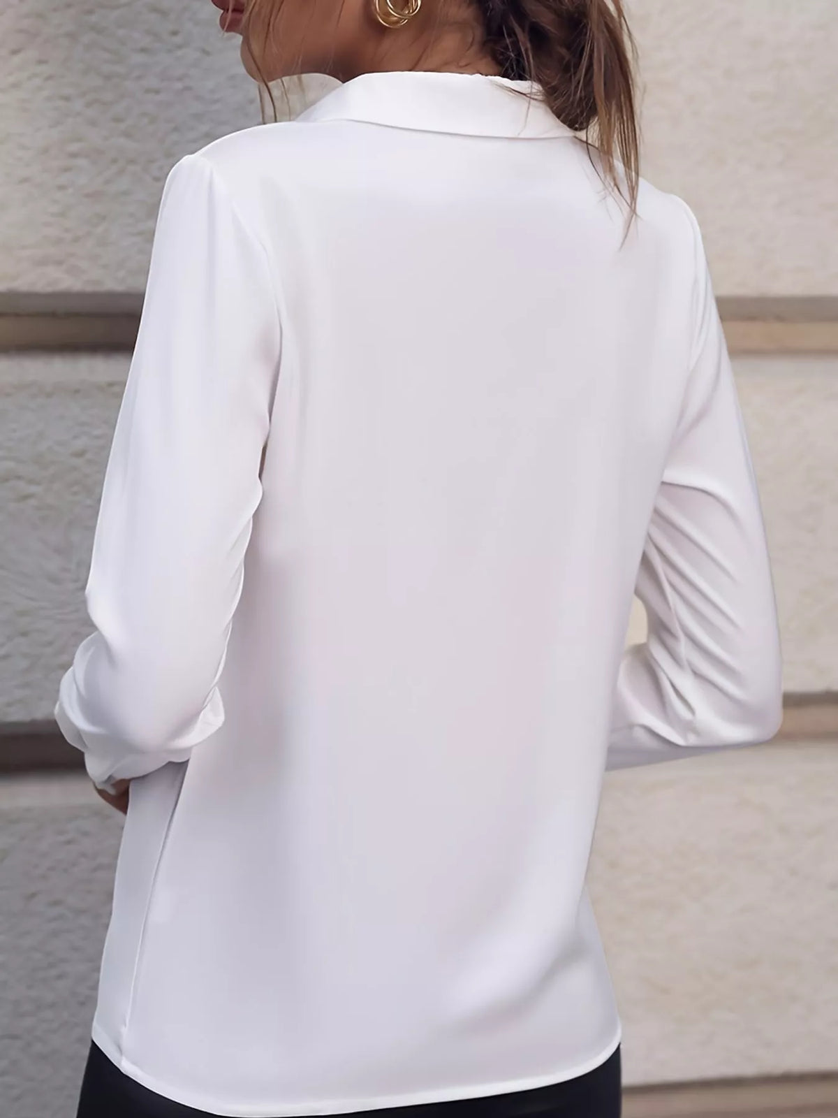Women's Collared Clasp Detail Long Sleeve Satin Blouse in white — back view