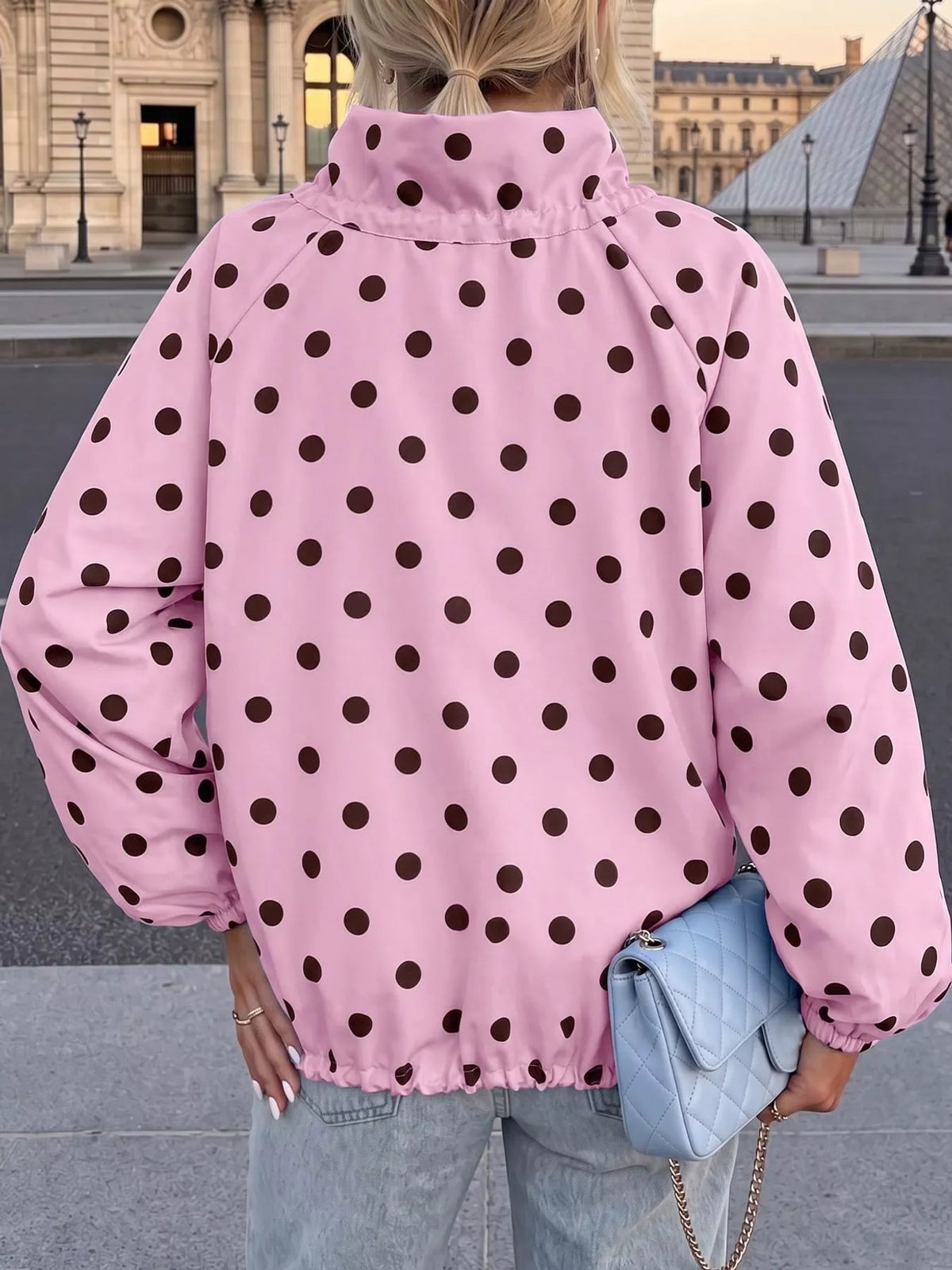 Polka Dot Drawstring Zip-Up Jacket — back view