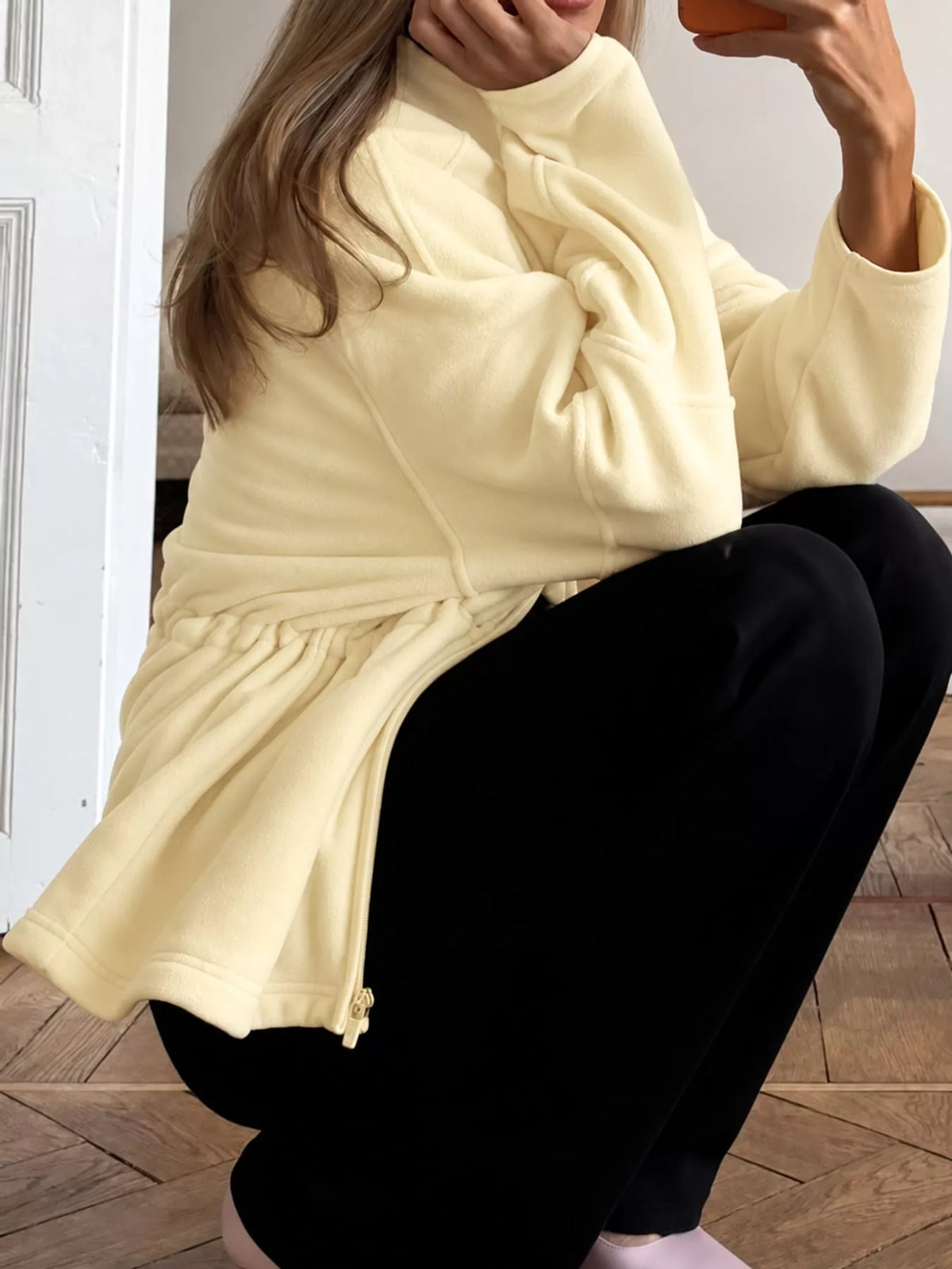 Yellow drawstring fleece zip-up jacket