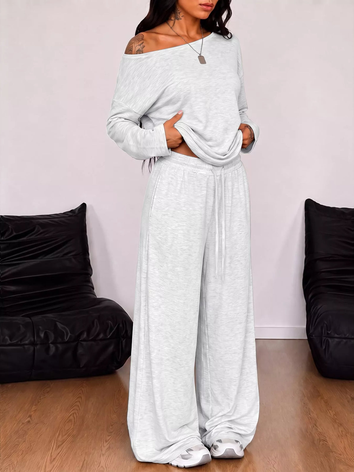 Off-Shoulder Striped Long Sleeve Top and Wide Leg Pants Set in white and heather gray