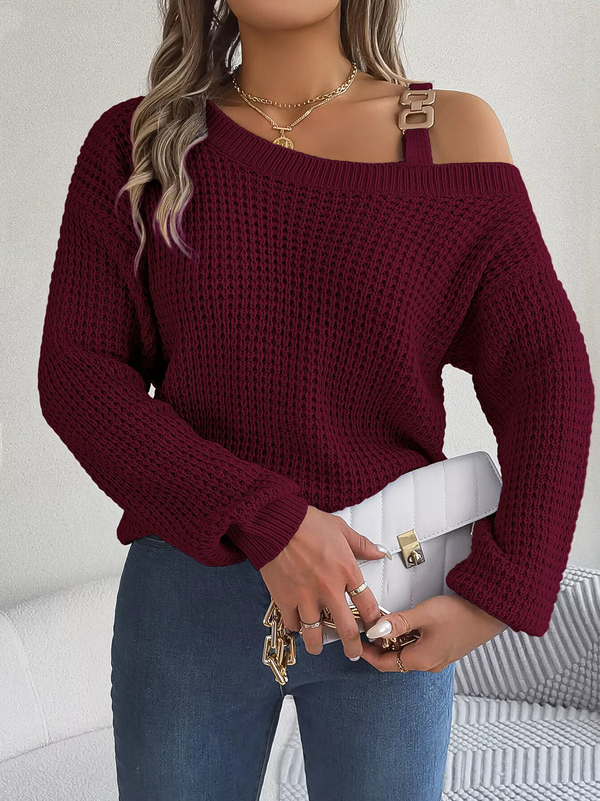 Asymmetrical Neck Long Sleeve Sweater in burgundy, front view