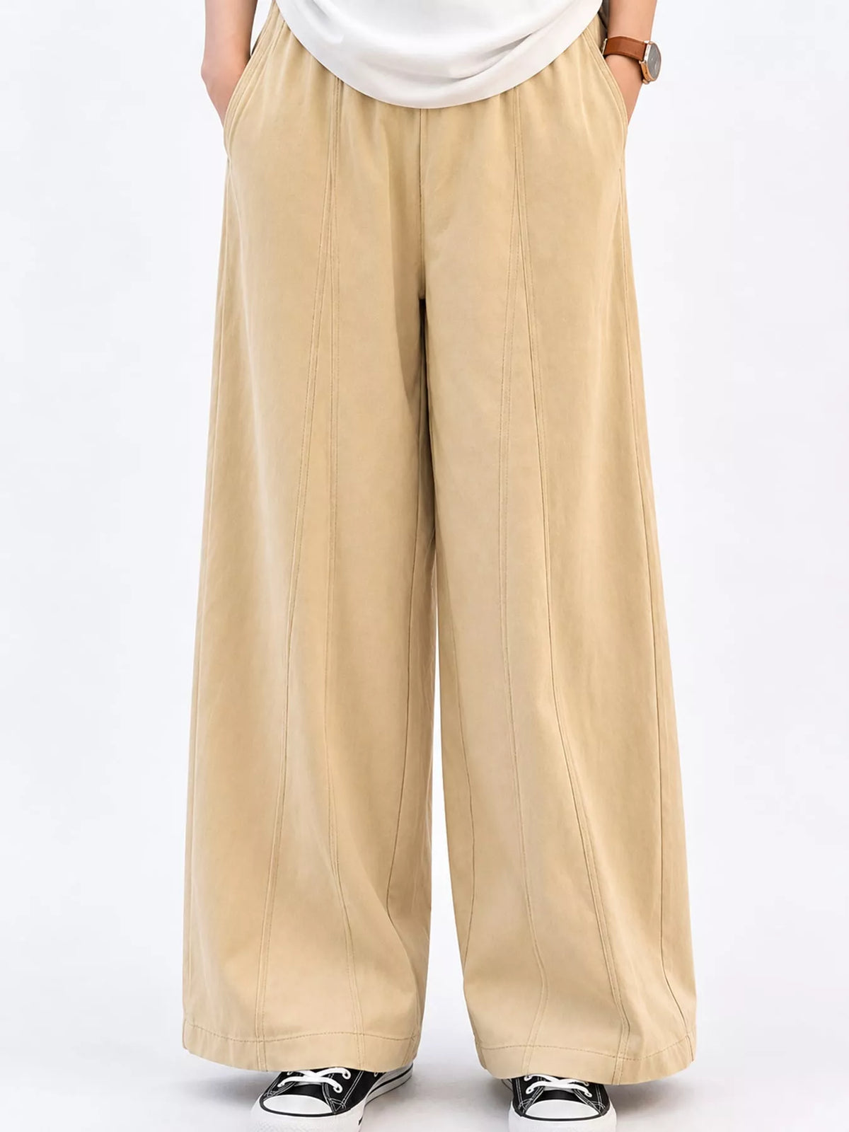 Beige wide leg casual pants, front view