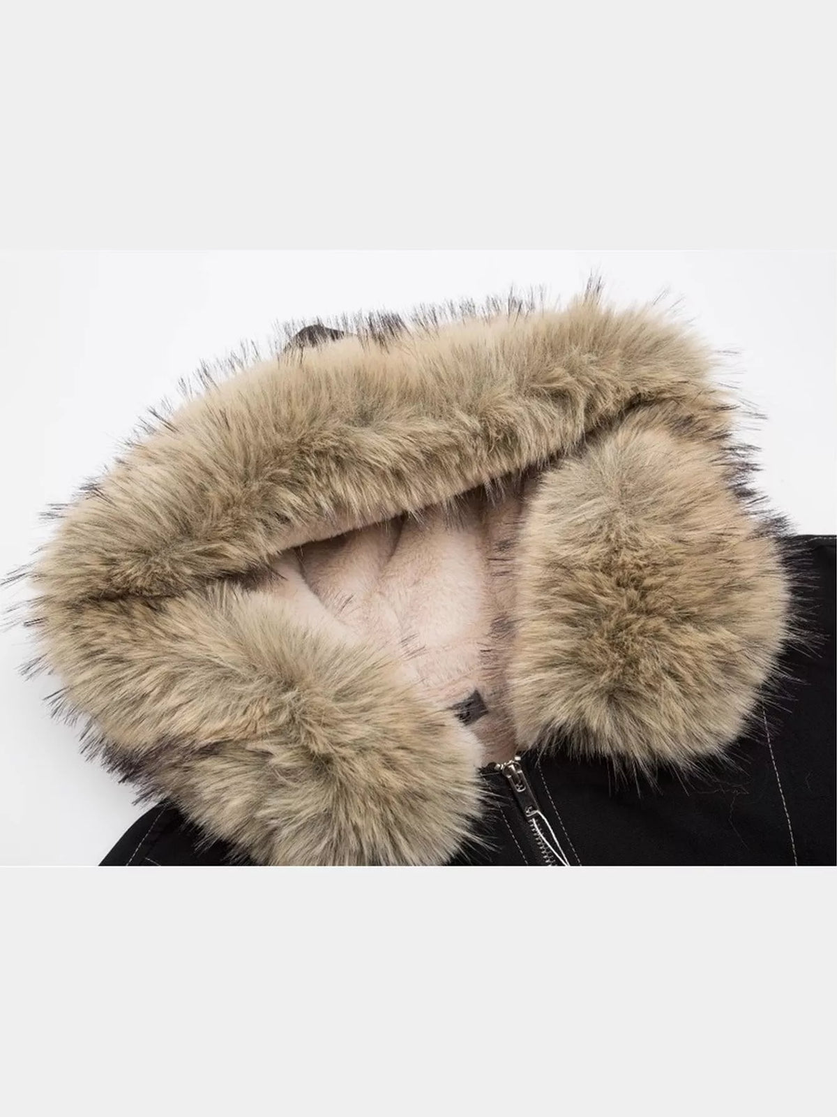 Faux Fur Lined Hooded Zip Up Jacket, detail view in black with beige trim