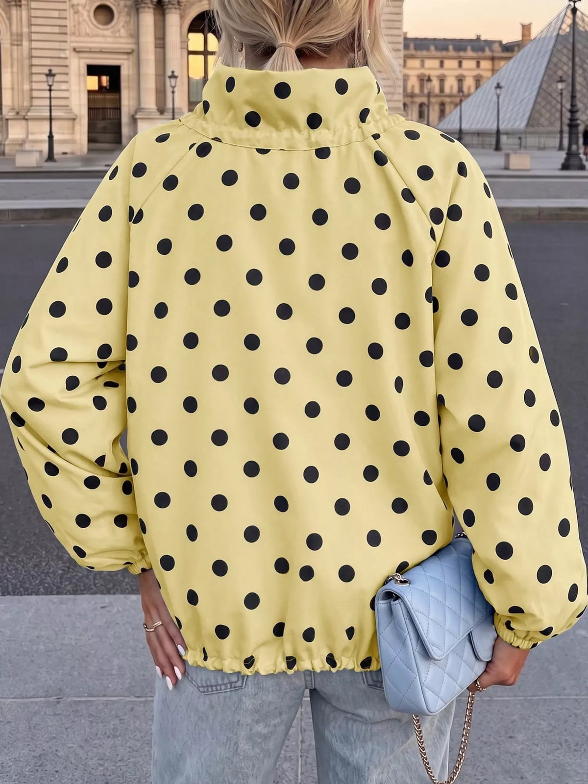 Polka Dot Drawstring Zip-Up Jacket — back view