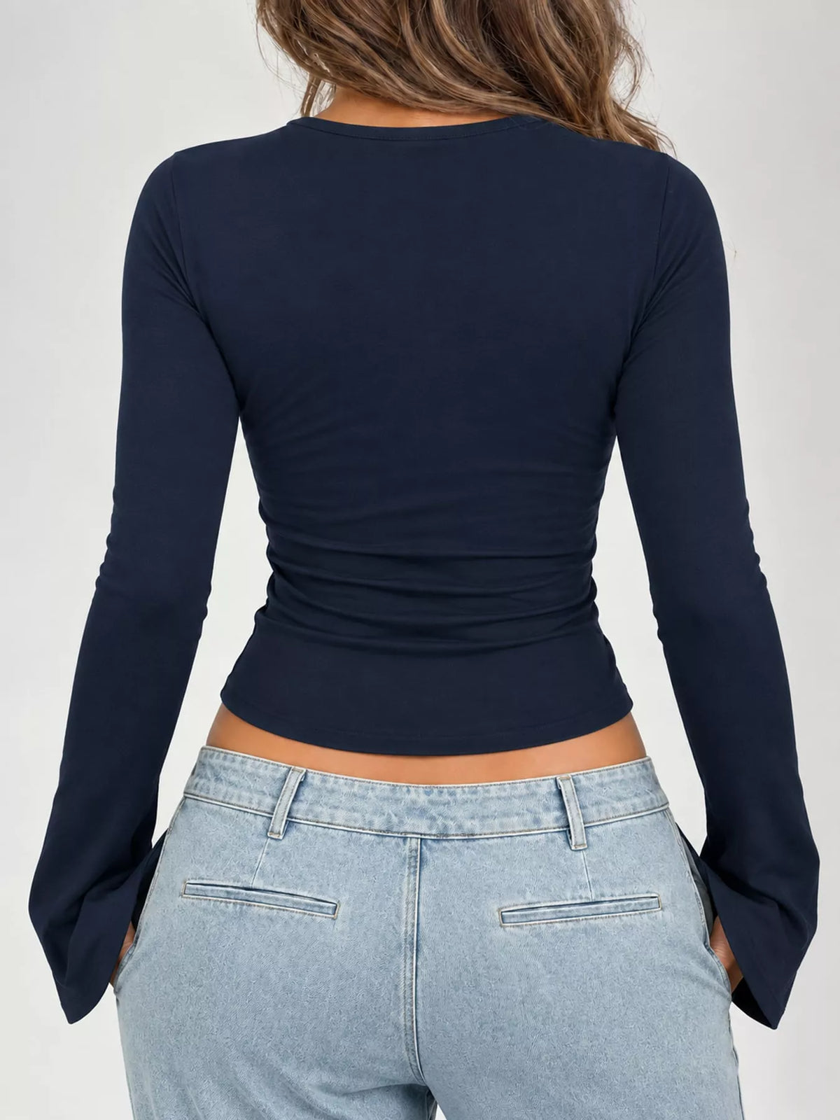 Royal Blue lace trim v-neck long sleeve slim fit t-shirt, back view