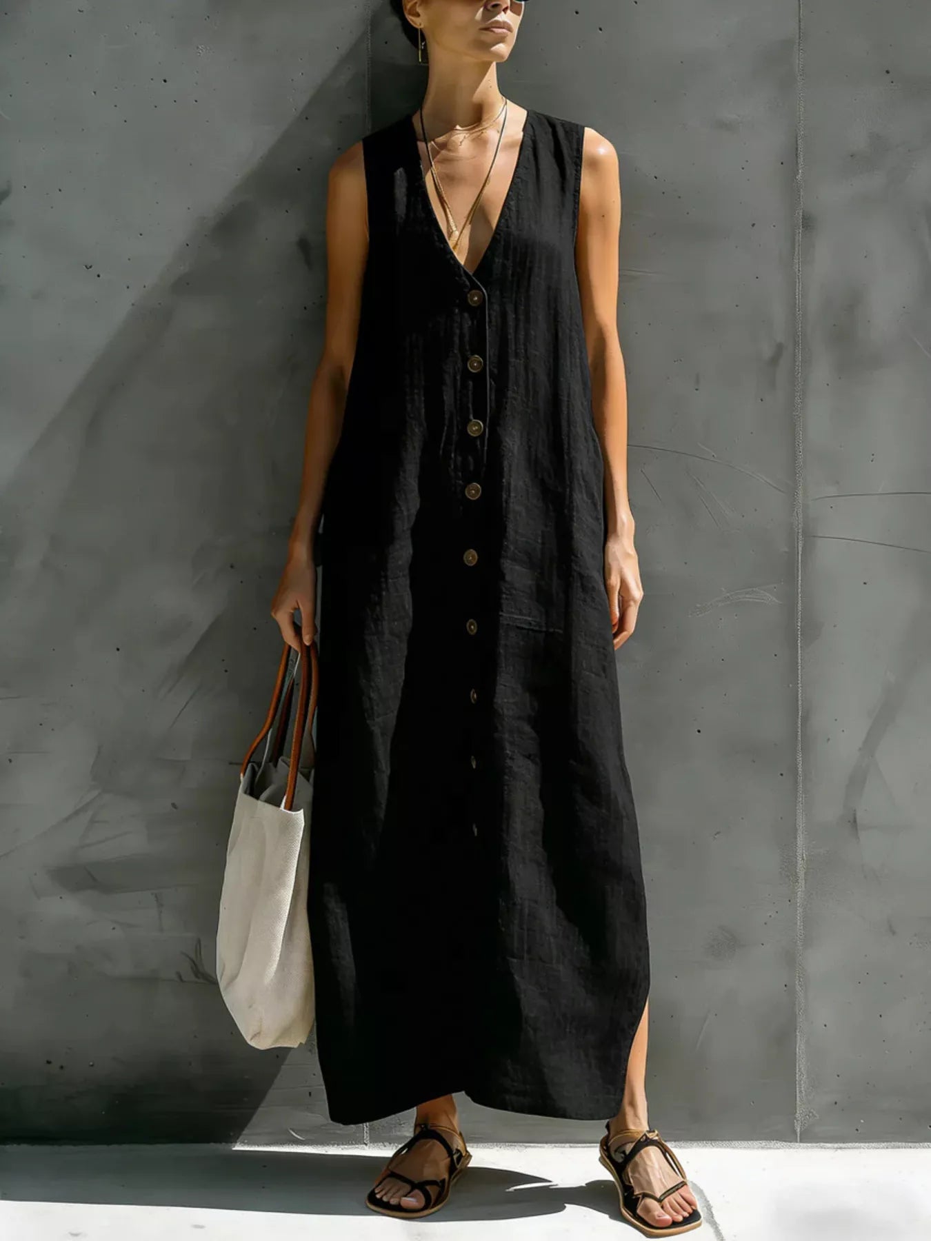 Trendsi Full Size Sleeveless V-Neck Button-Down Linen Maxi Dress Plus Size -