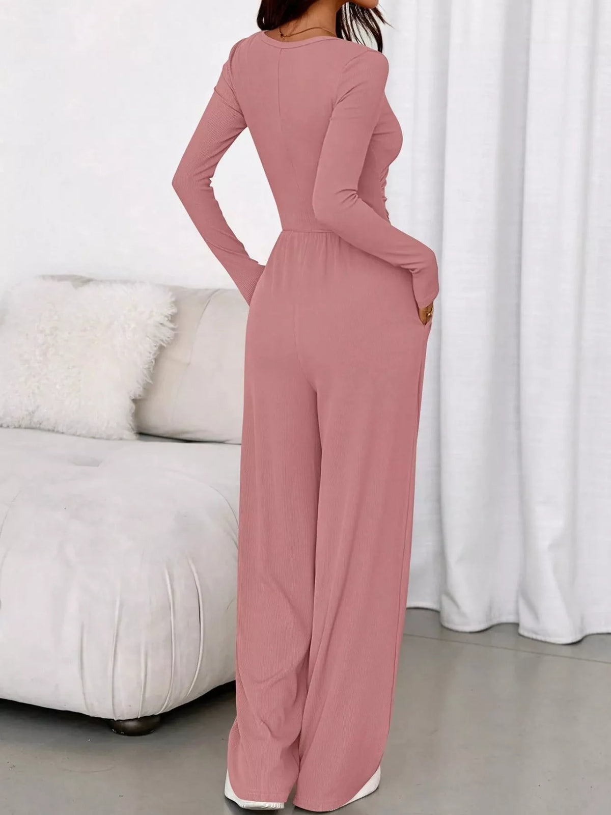 Long Sleeve Ribbed Knit Wide-Leg Jumpsuit — back view