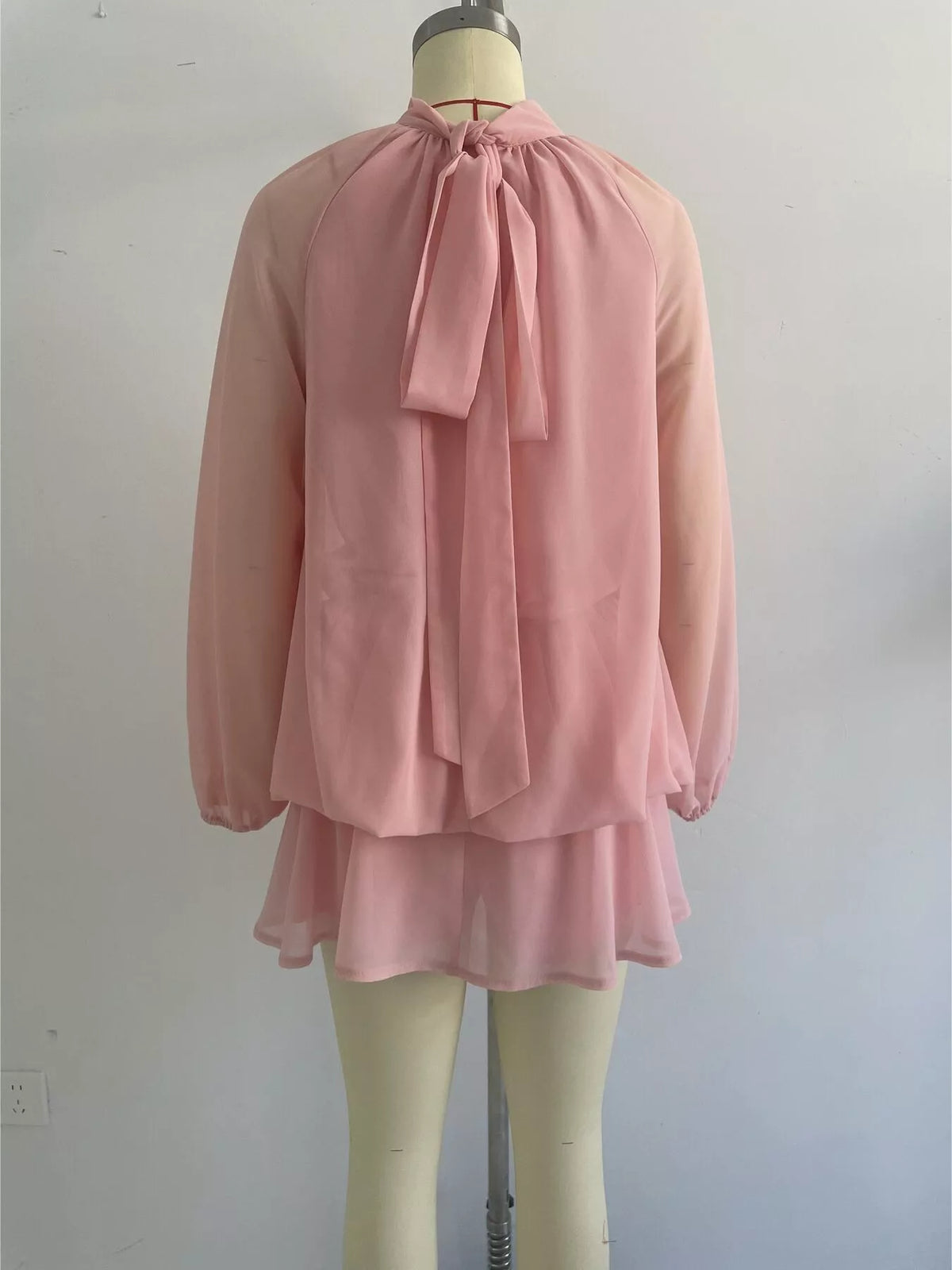 Pink mock neck sheer chiffon mini dress, back tie product view
