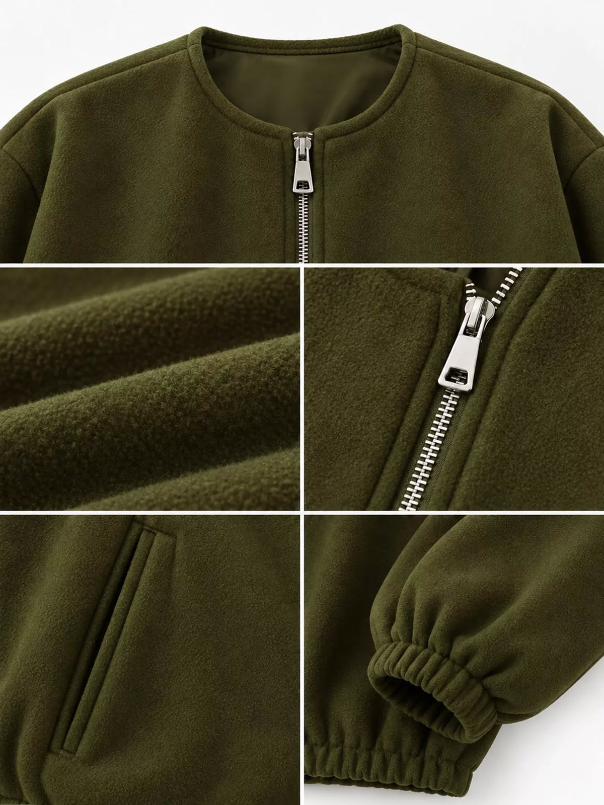Cropped Round-Neck Zip-Up Jacket — garment construction details