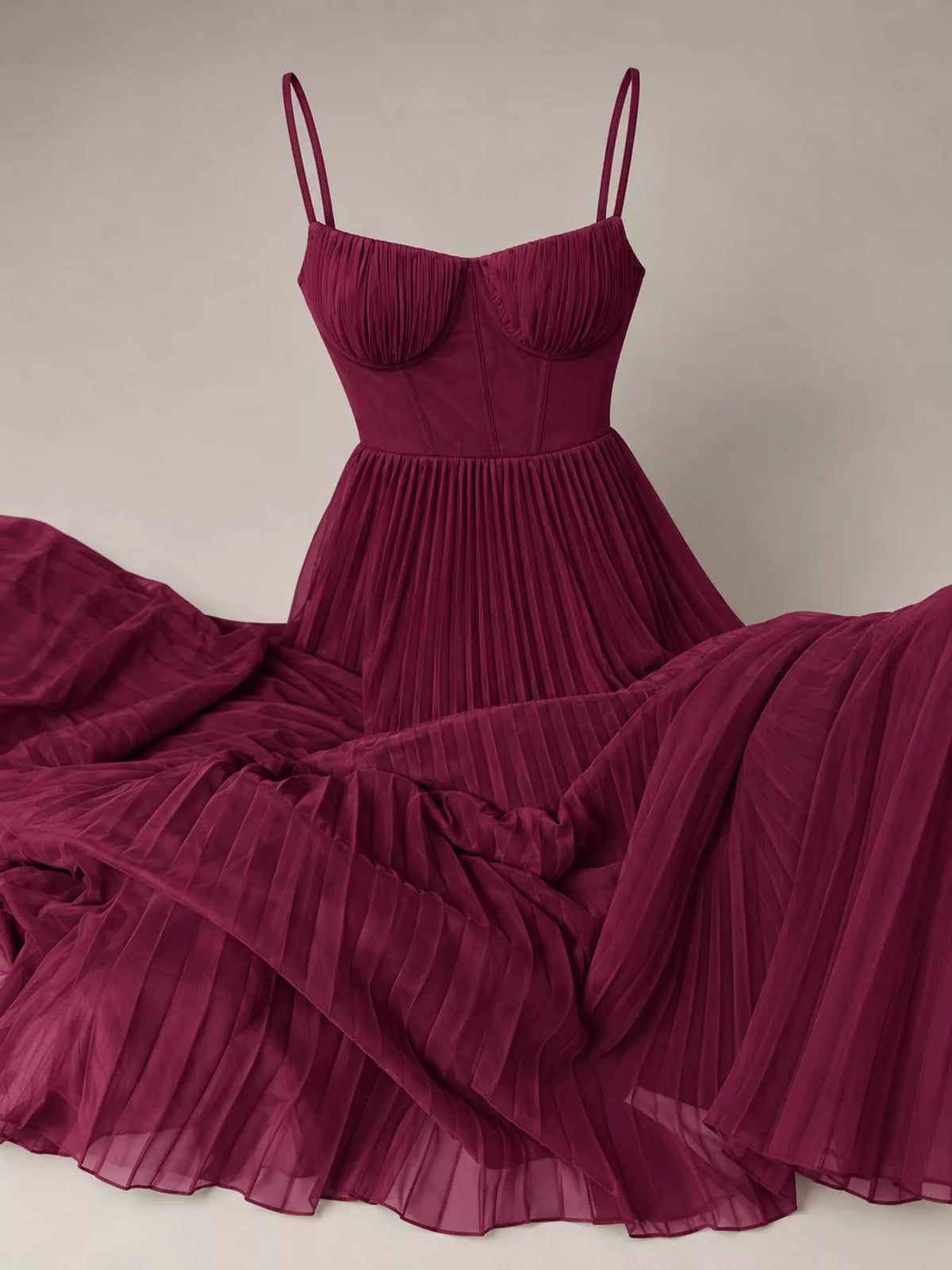 Burgundy pleated sweetheart neck midi dress — design and construction details