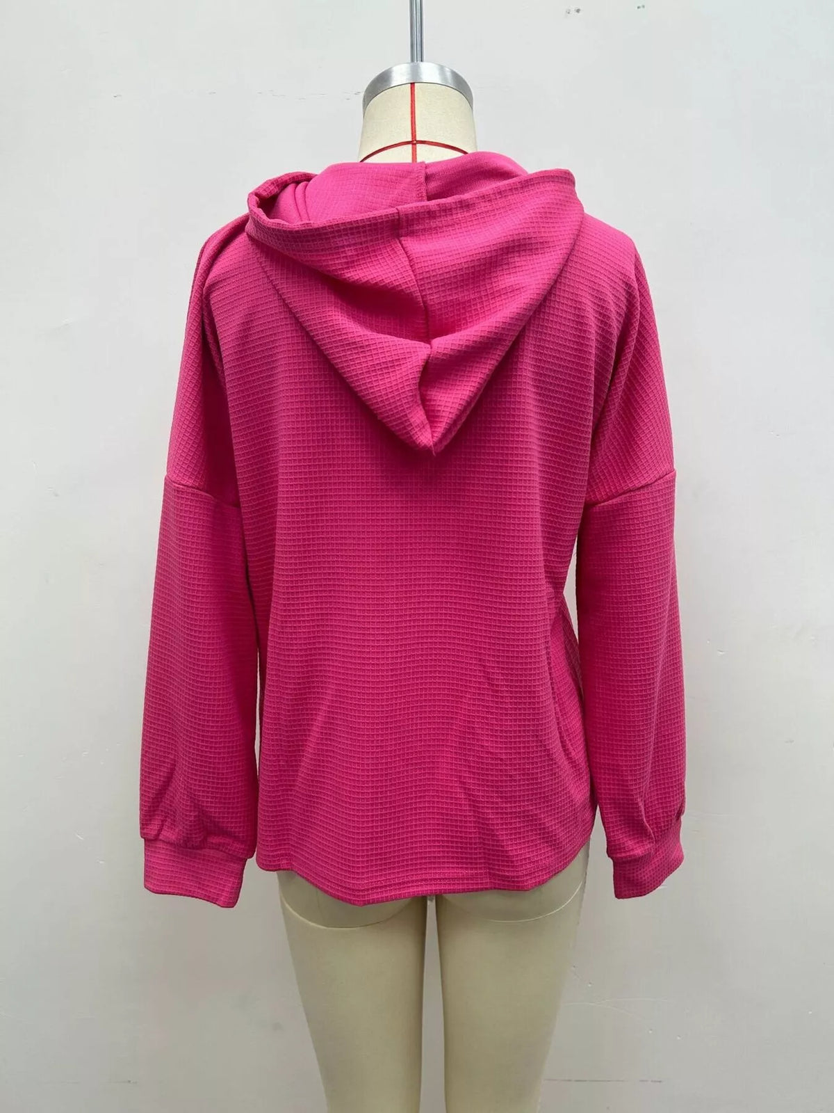 Women's Waffle Knit Drawstring Long Sleeve Hoodie in Cerise, back view