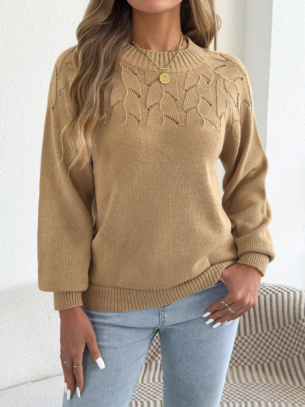 Khaki openwork crew neck sweater