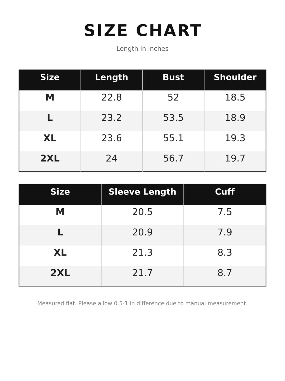 Size chart for women's snap front dropped shoulder jacket