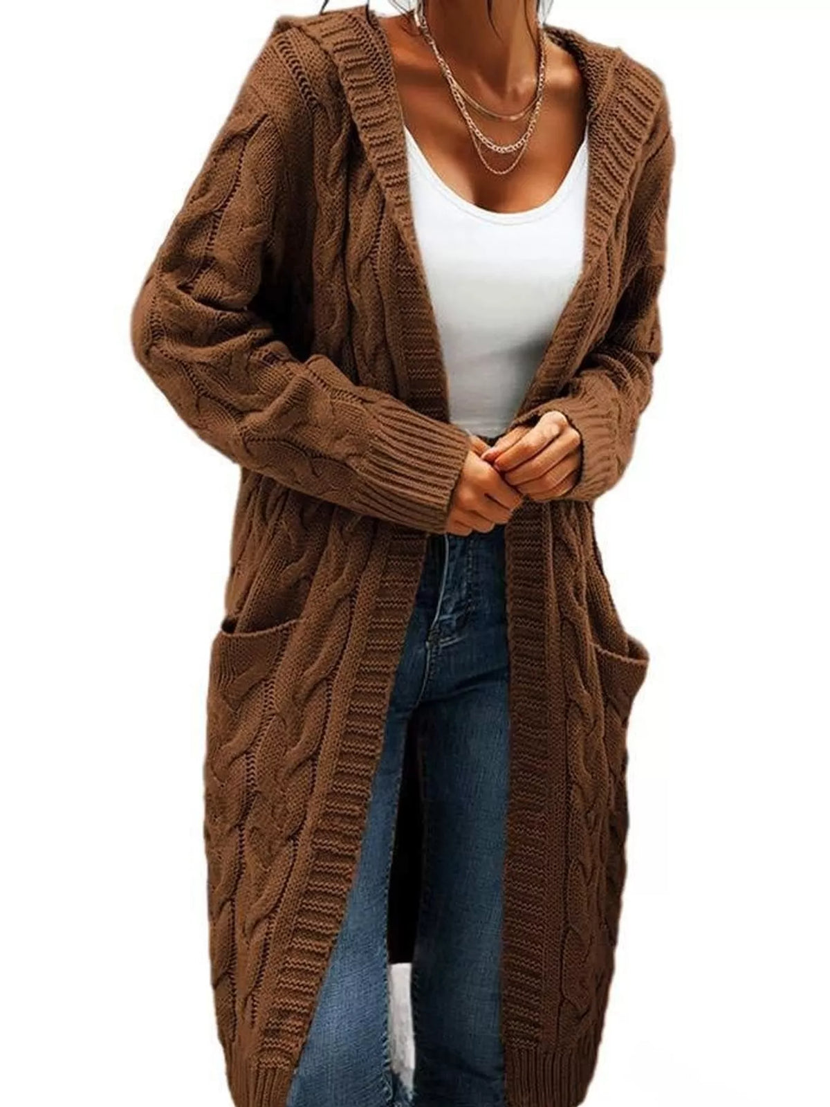 Hooded Cable Knit Longline Cardigan in brown