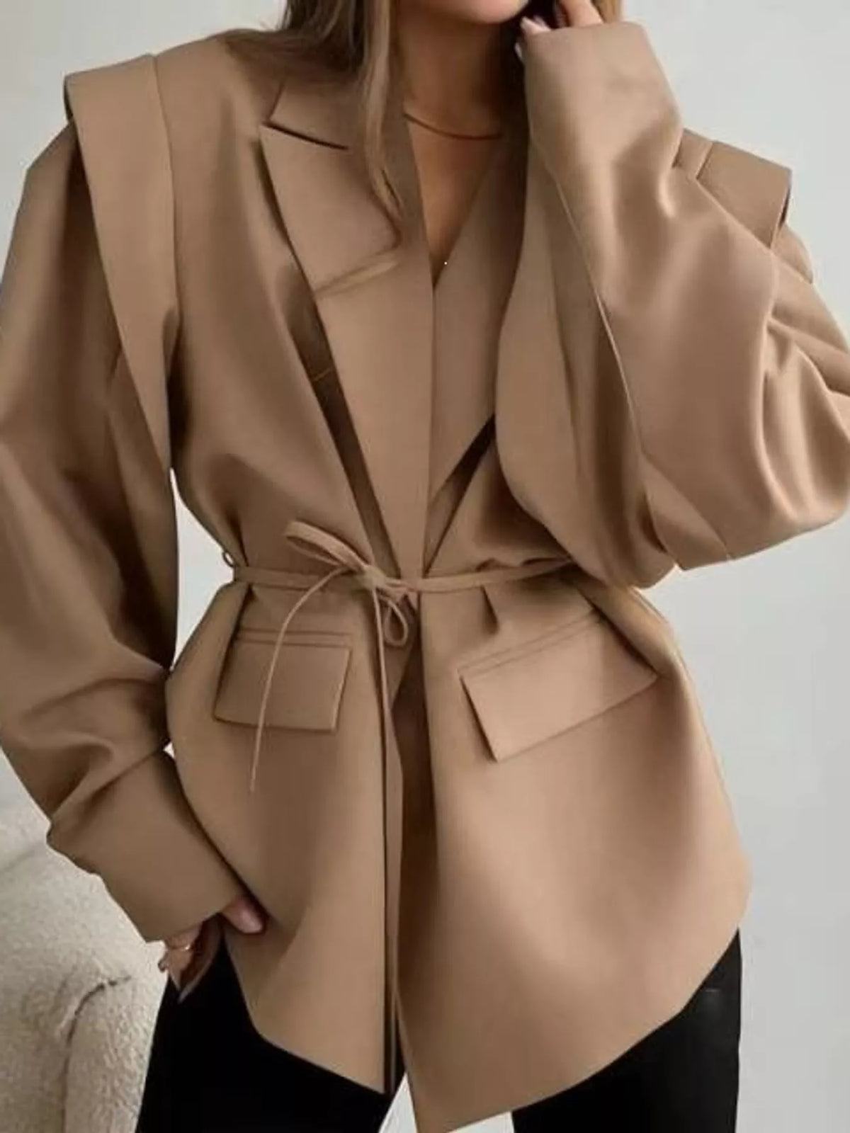 Collared long sleeve blazer, front view on model