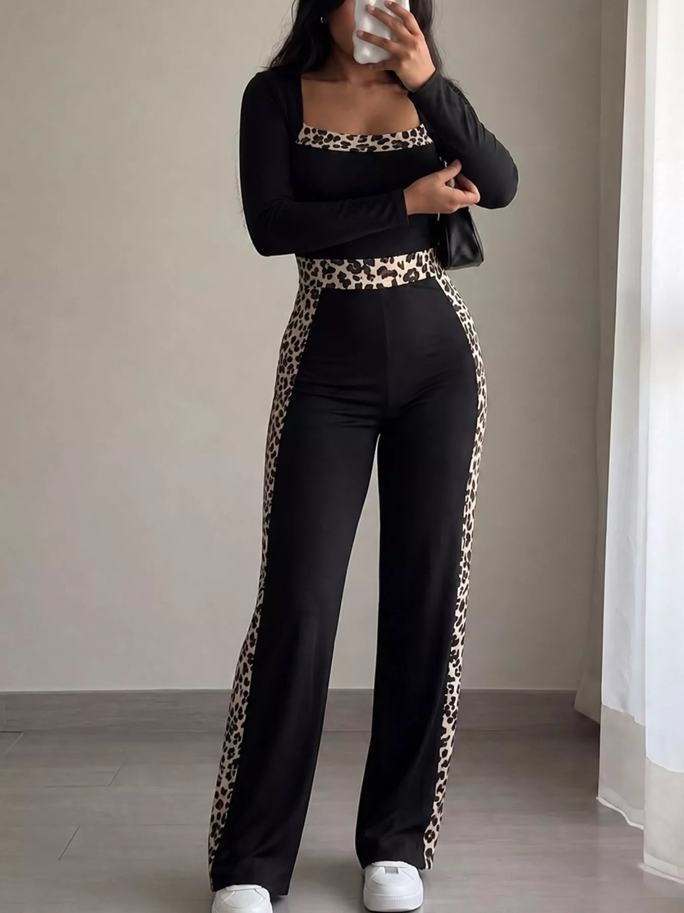 Trendsi Leopard Trim Long Sleeve Jumpsuit -