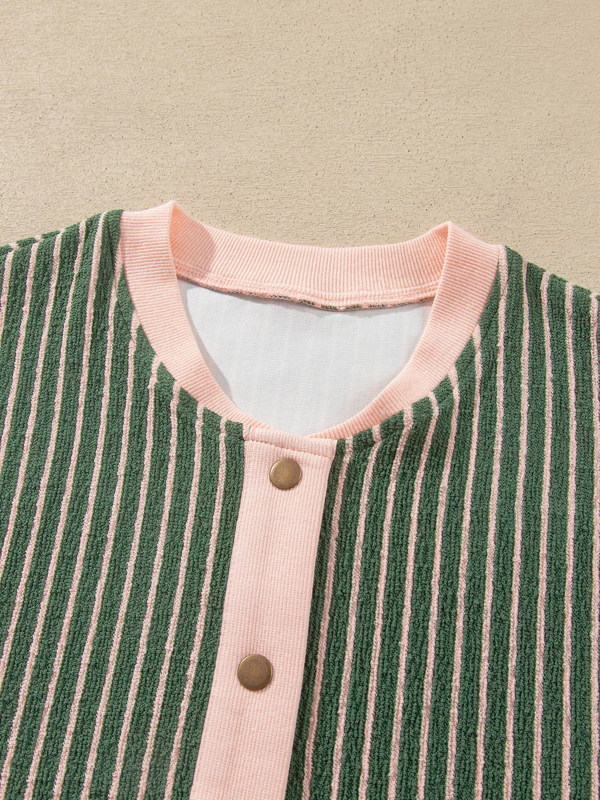 Round neckline on green and pink striped striped round neck patchwork cardigan