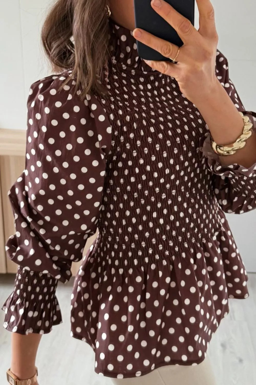 Brown polka dot polka dot high neck ruffled peplum blouse — design and construction details