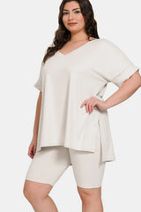Trendsi Zenana Full Size V-Neck Short Sleeve Slit T-Shirt and Shorts Set -