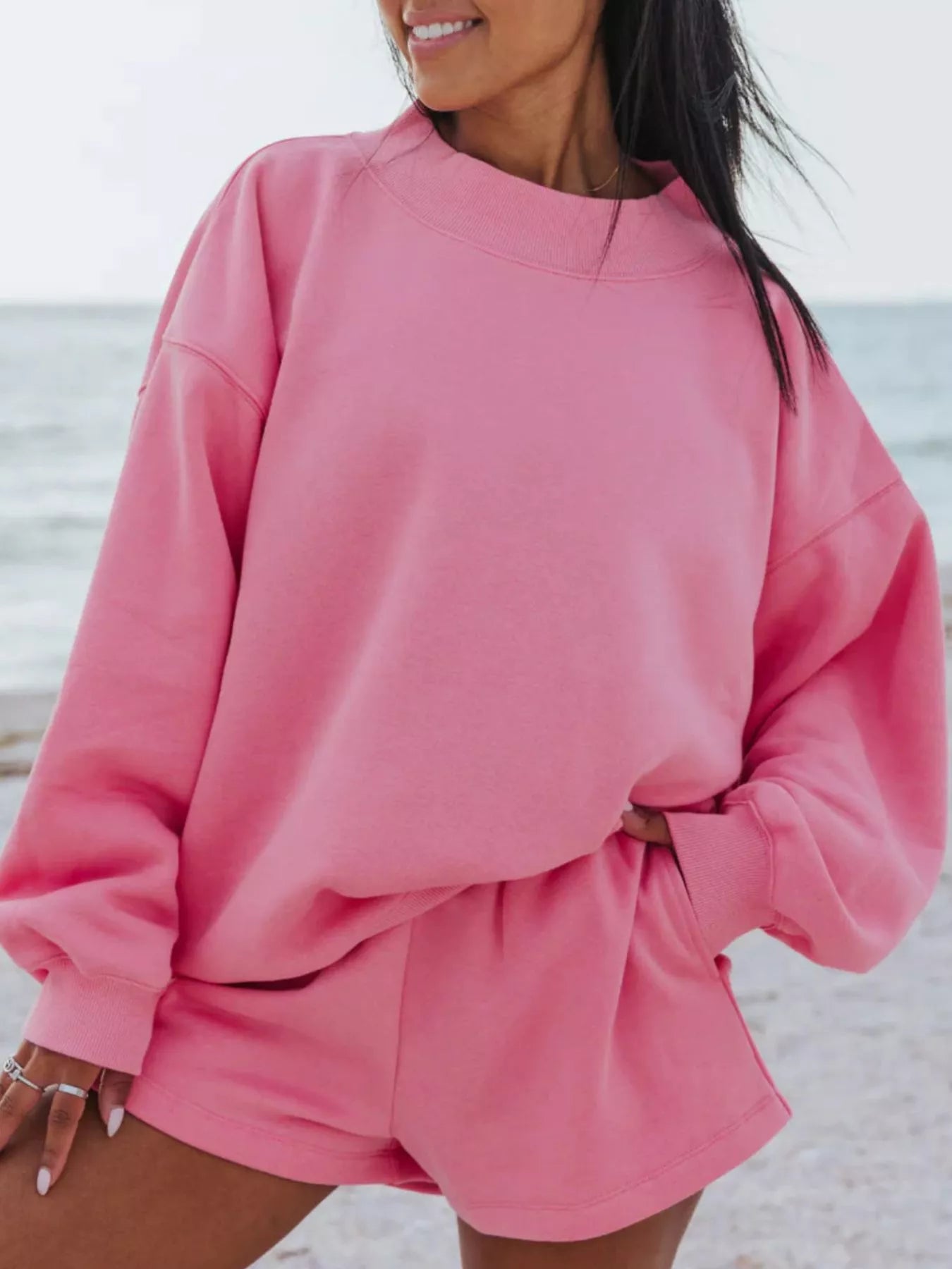 Trendsi Relaxed Fit Round Neck Sweatshirt and Shorts Set -