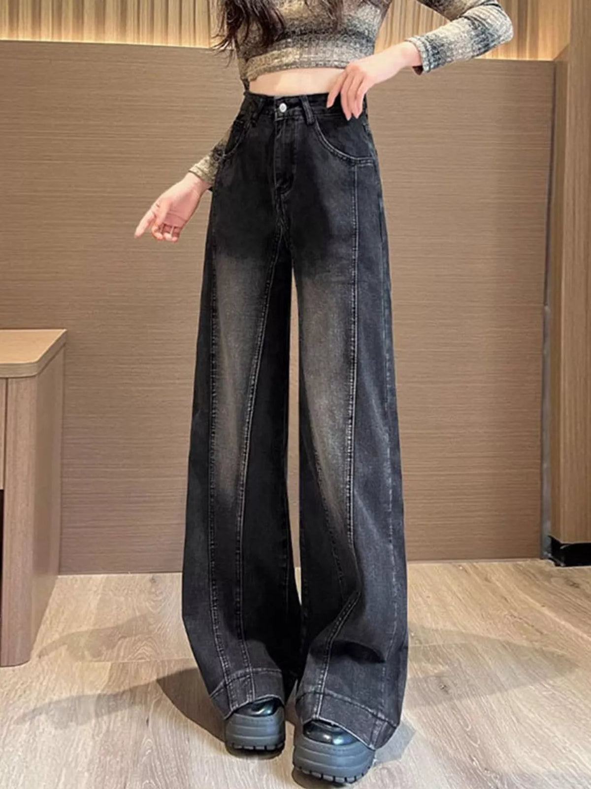 High-Waisted Washed Wide-Leg Jeans in black and gray
