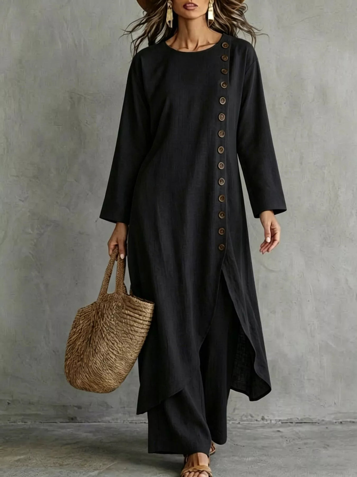 Black longline top and pants set, front view