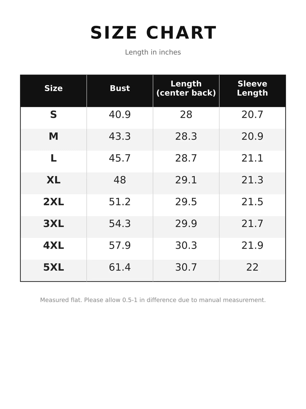 Size chart for color block snap-button sweatshirt