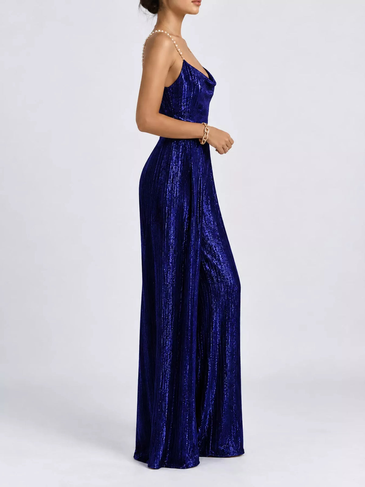 Metallic Wide-Leg Jumpsuit with Pearl Strap Detail in blue