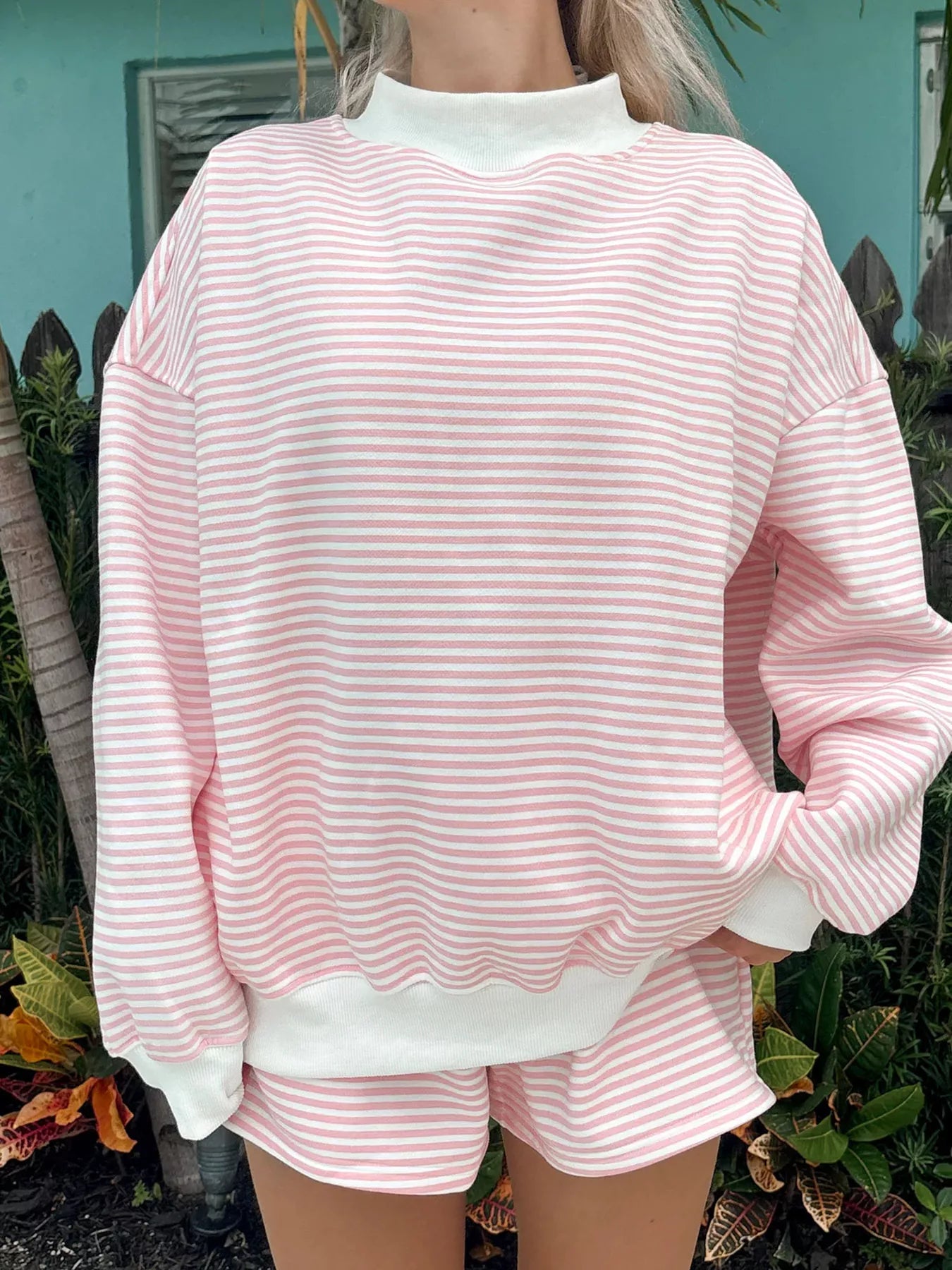 Trendsi Striped Mock Neck Sweatshirt and Shorts Set -