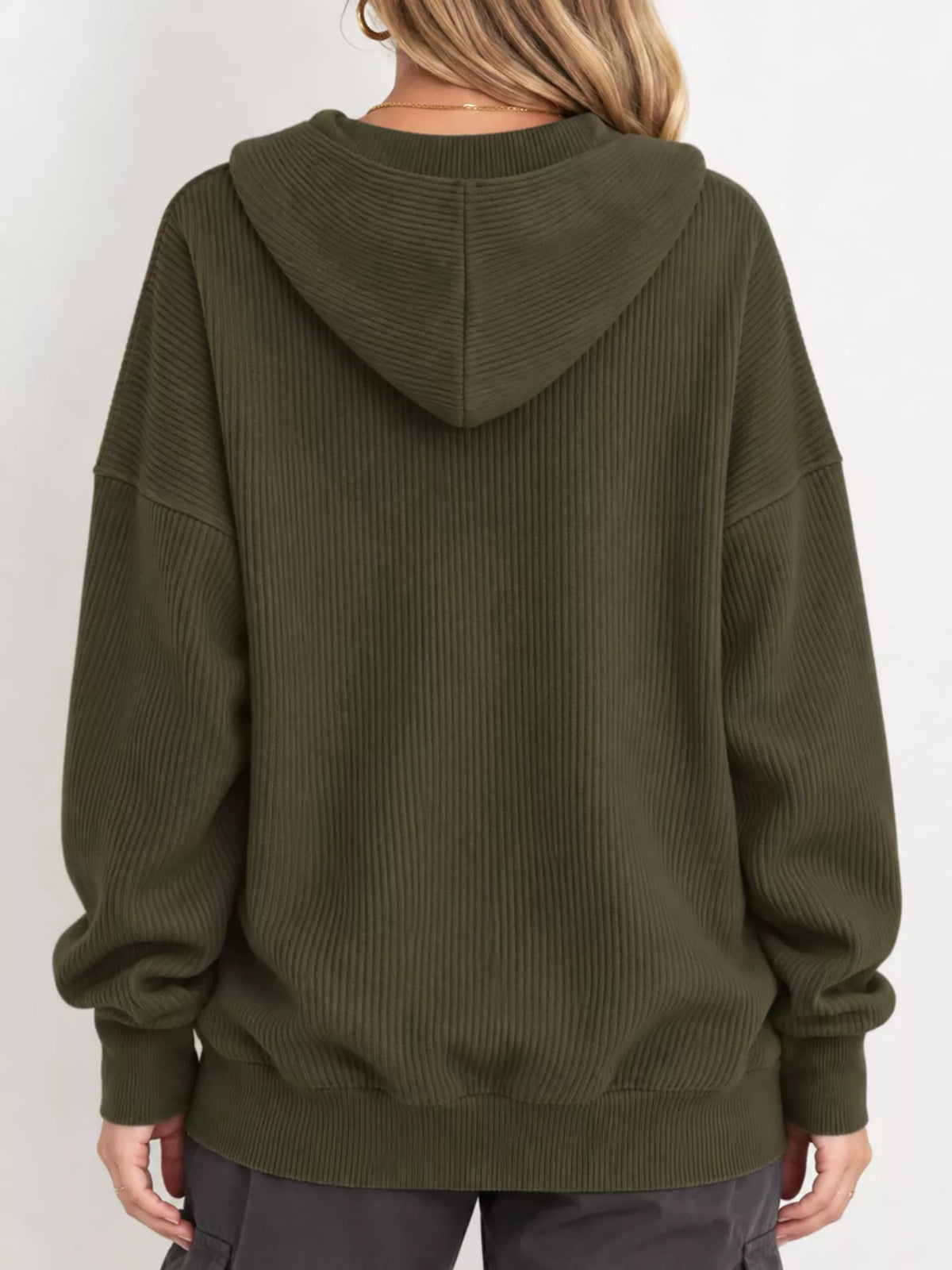 Women's Snap Button Placket Dropped Shoulder Hoodie in olive — back view