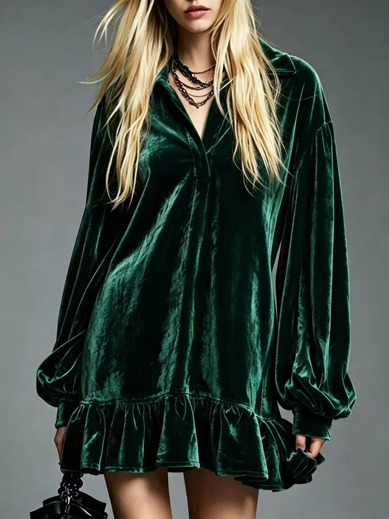 Trendsi Full Size Velvet Ruffled Hem Long Sleeve Dress Plus Size -