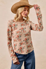 Trendsi BiBi Floral Print Washed Waffle Thermal Top with Thumb -