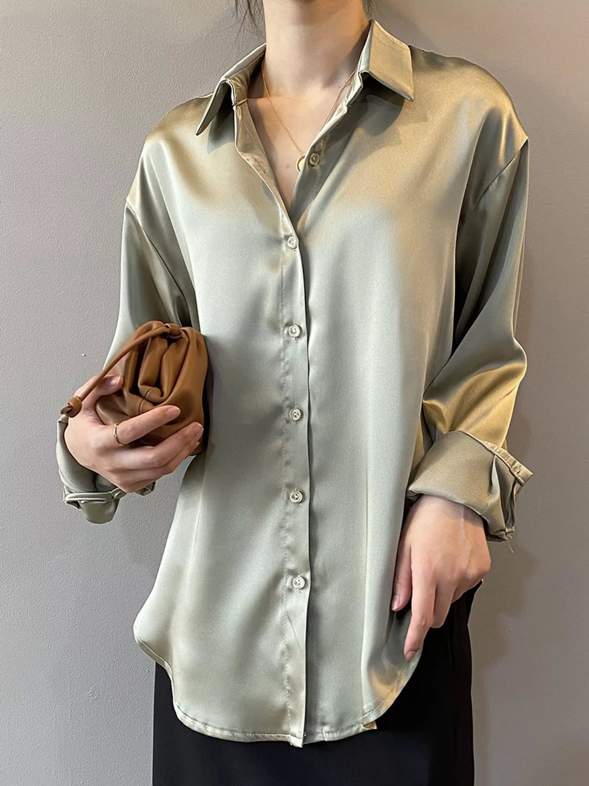 Satin shirt, sage front