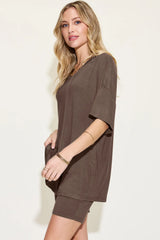 Trendsi Basic Bae Full Size V-Neck Drop Shoulder T-Shirt and Shorts Set -