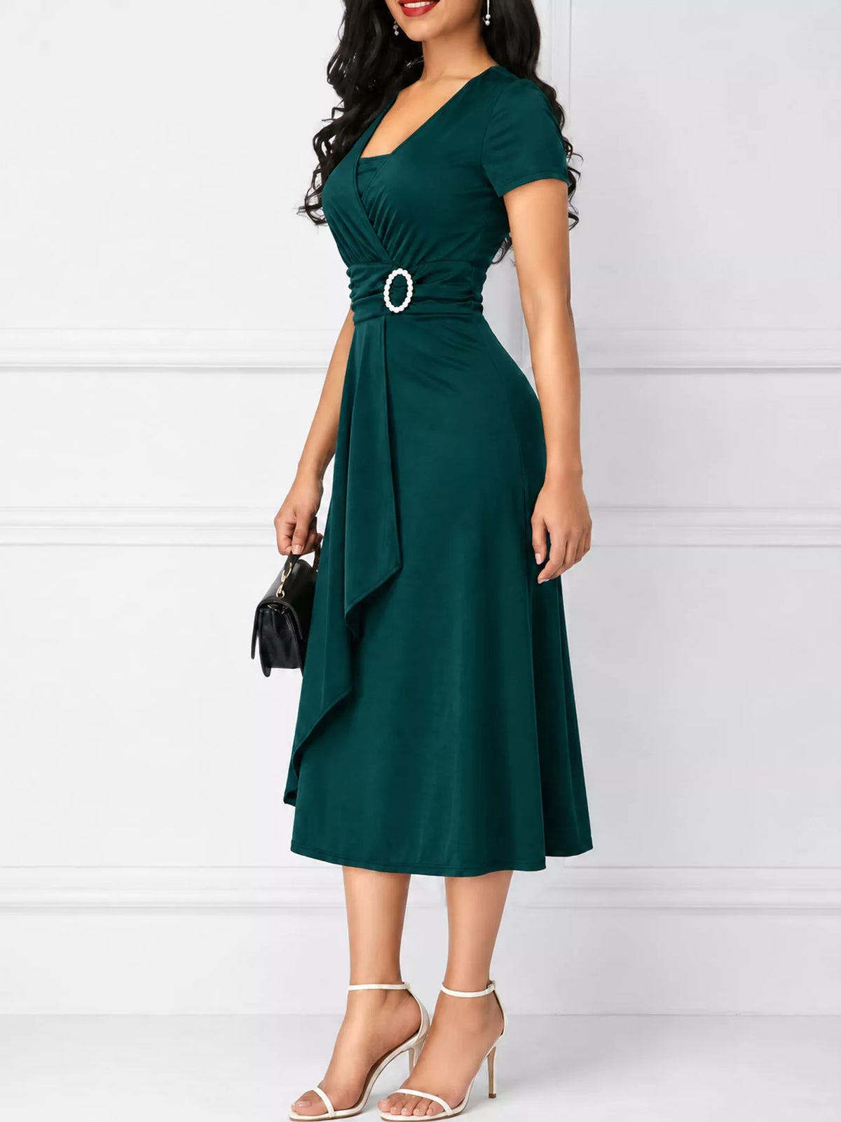 Decorative Buckle Short Sleeve Dress — front view
