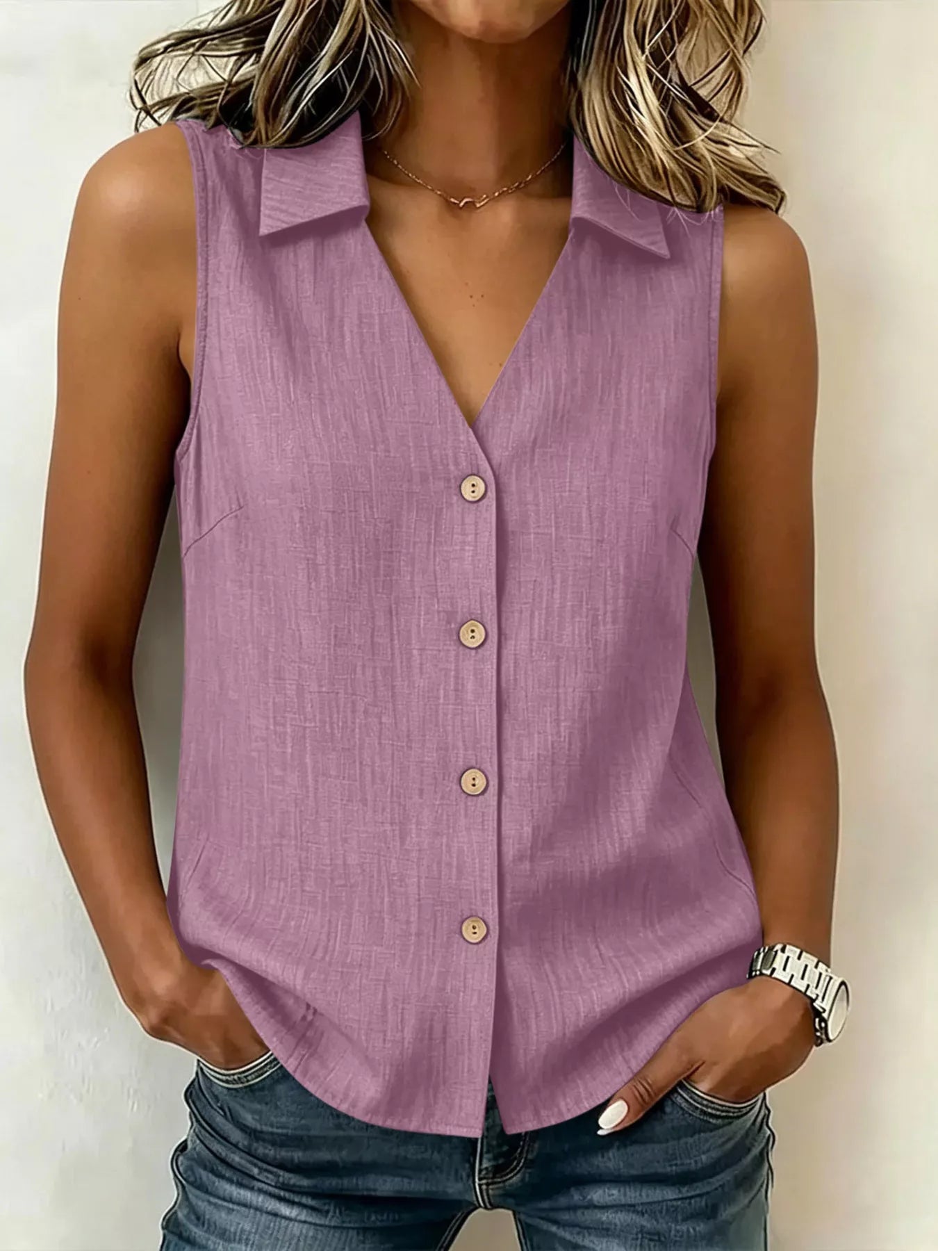 Trendsi Full Size Button-Up Collared Neck Sleeveless Top Plus Size -