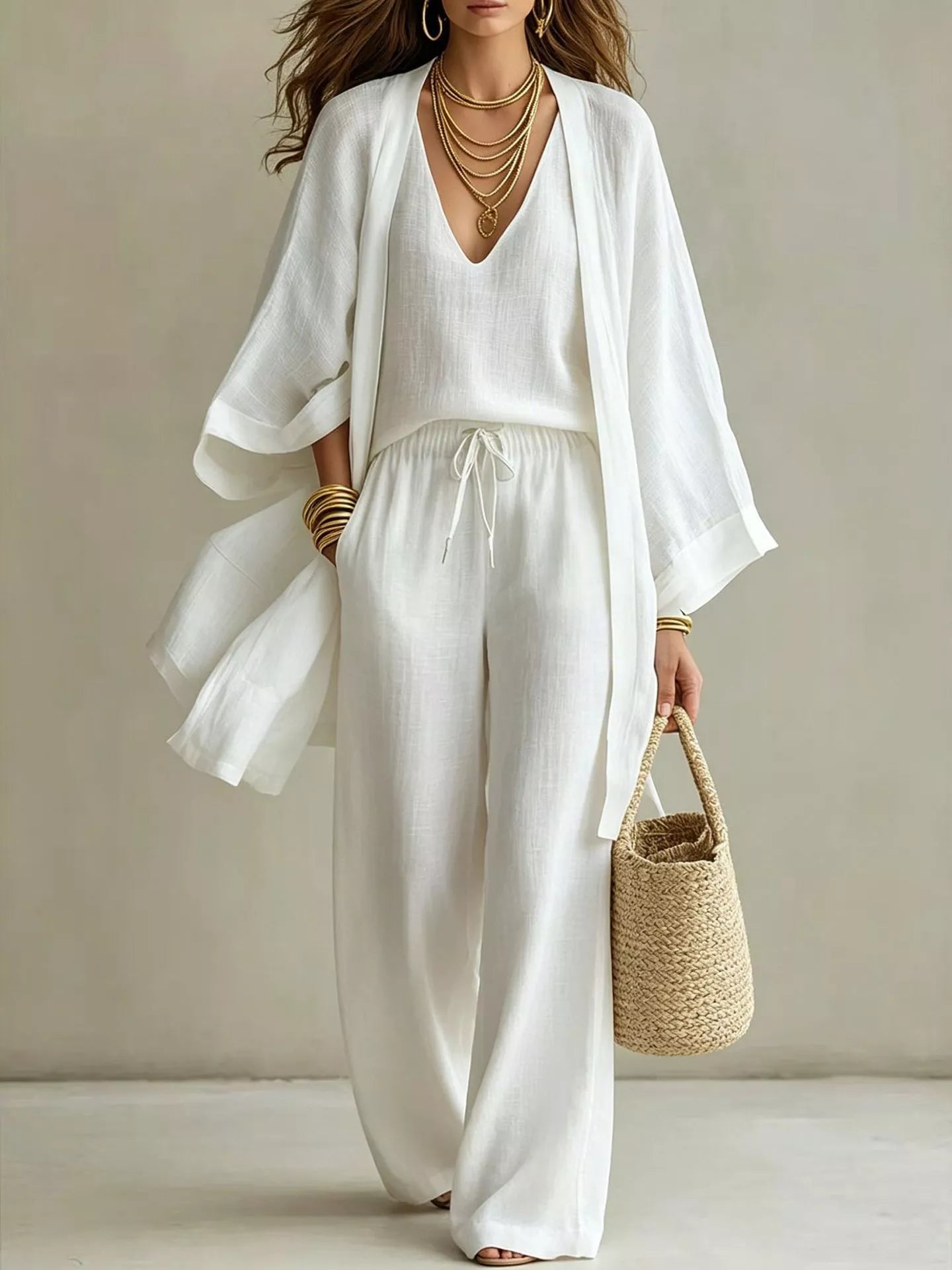 Trendsi V-Neck Top & Cardigan & Pants Three-Piece Set -