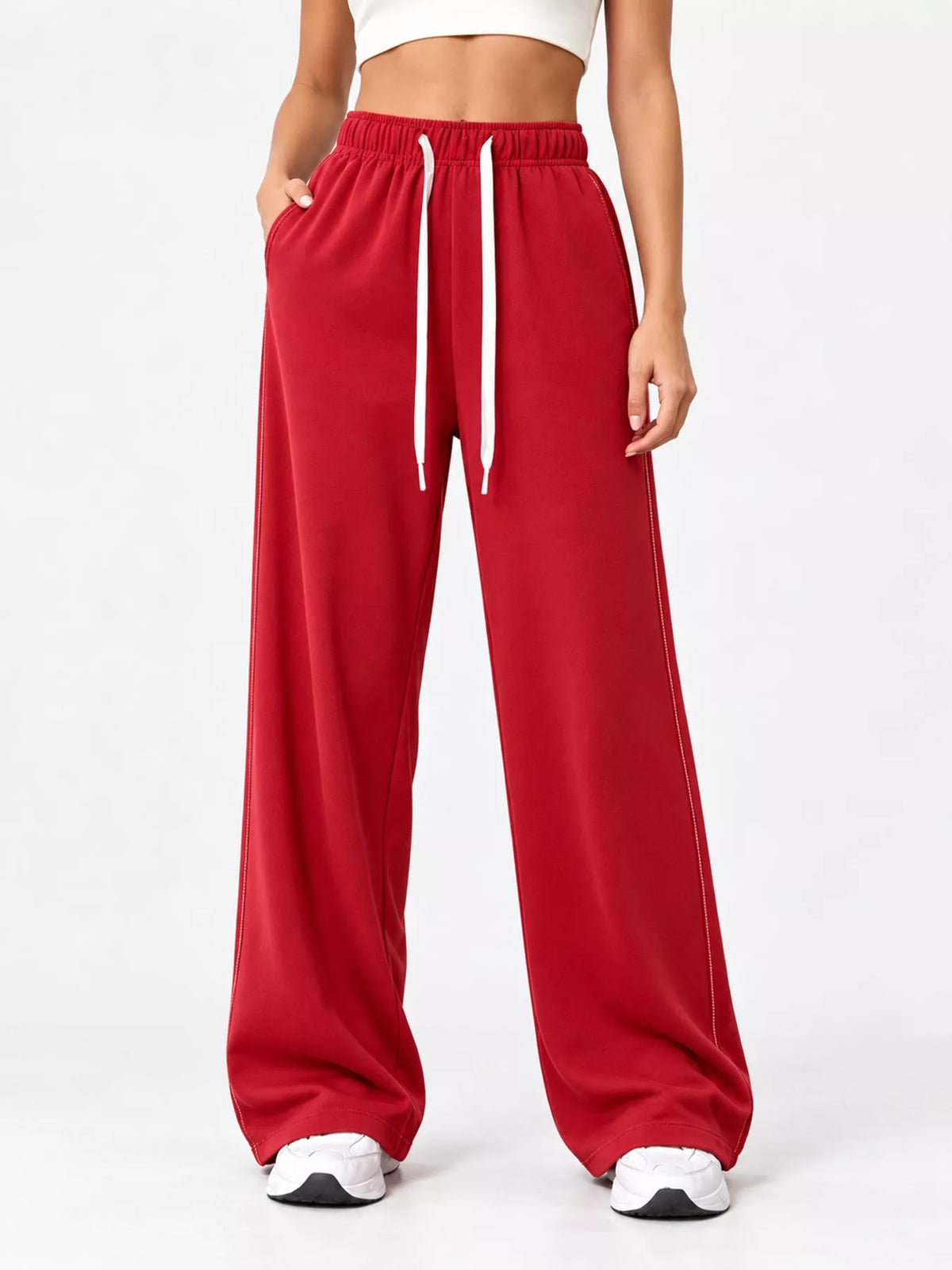Red wide-leg pants with drawstring