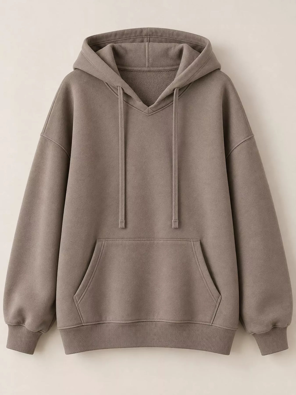 Women's Drawstring Dropped Shoulder Hoodie in taupe — flat lay view