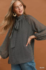 Trendsi Umgee Dot Print Tie Neck Long Sleeve Blouse -