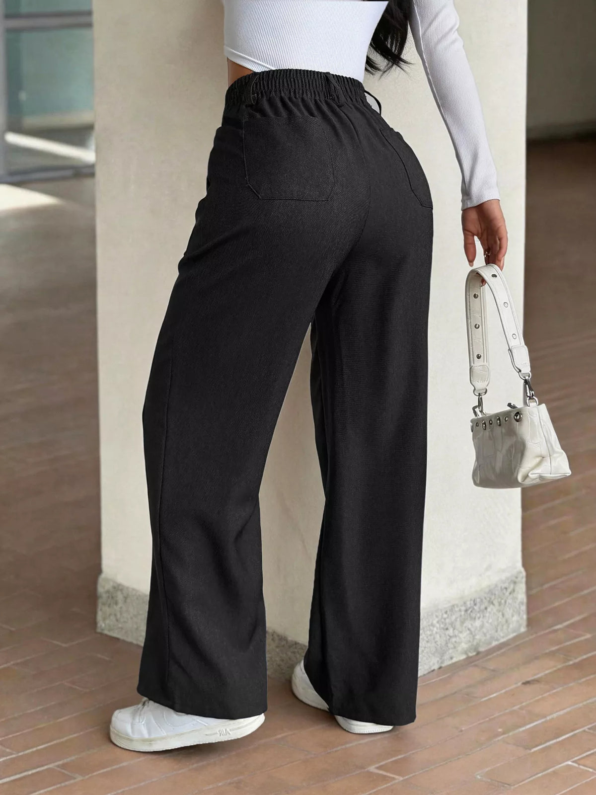 High-Waisted Wide-Leg Pants with Button Detail, back view