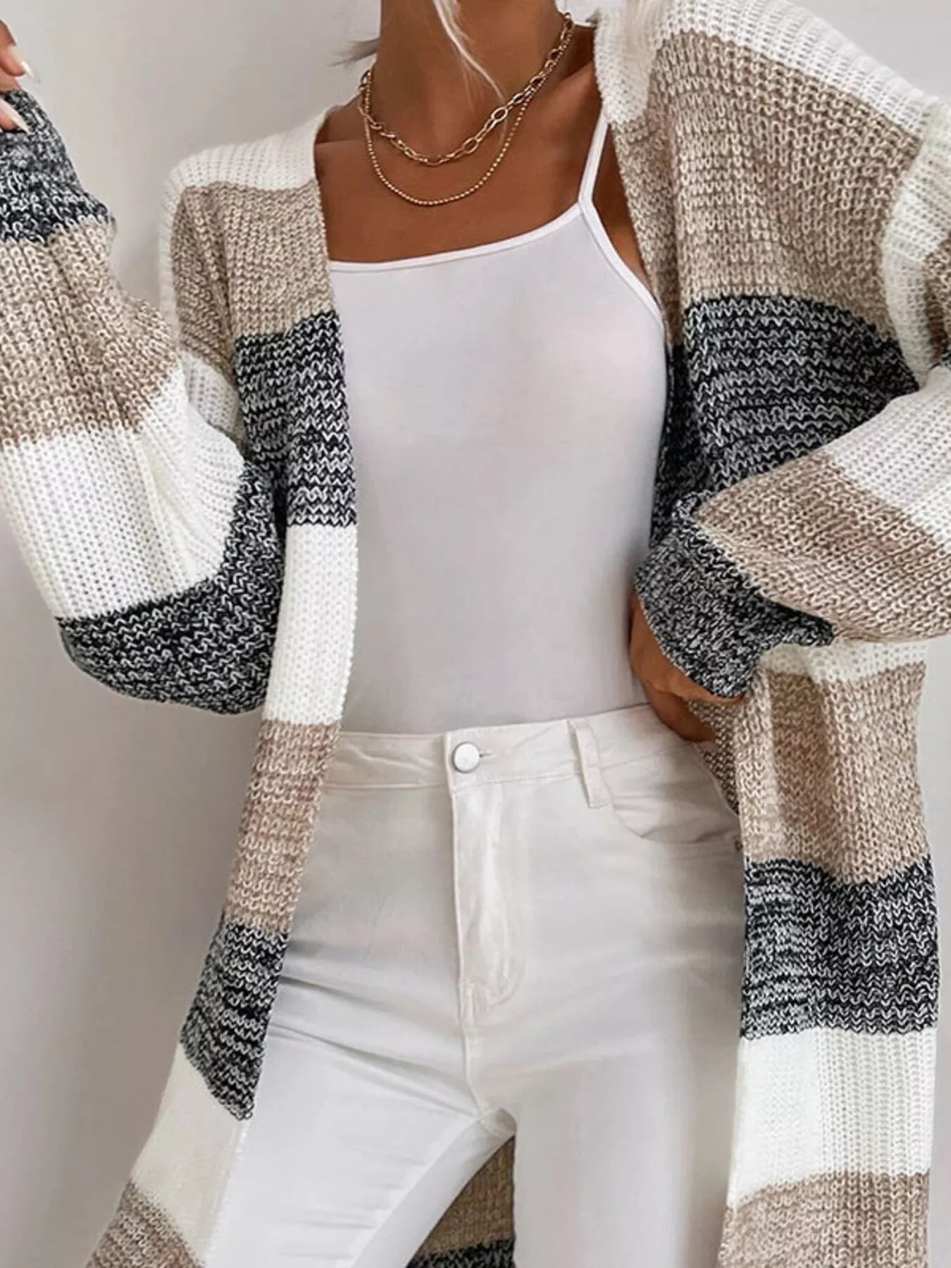 Trendsi Color Block Striped Open Front Longline Cardigan -