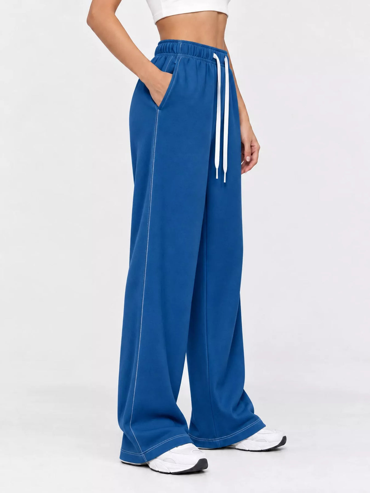 Blue wide-leg pants with drawstring