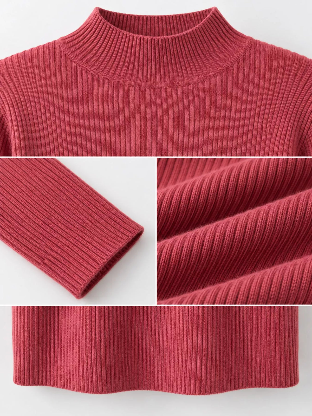 Rose ribbed mock neck long sleeve knit top, ribbed knit and neckline detail
