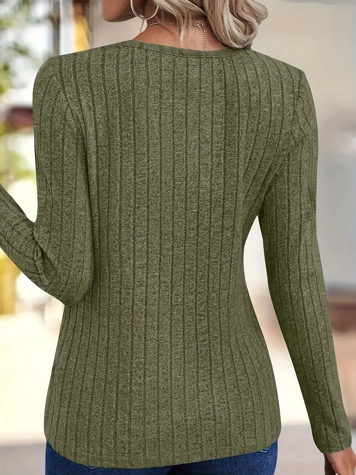 Trendsi Ribbed Knit V-Neck Long Sleeve T-Shirt -