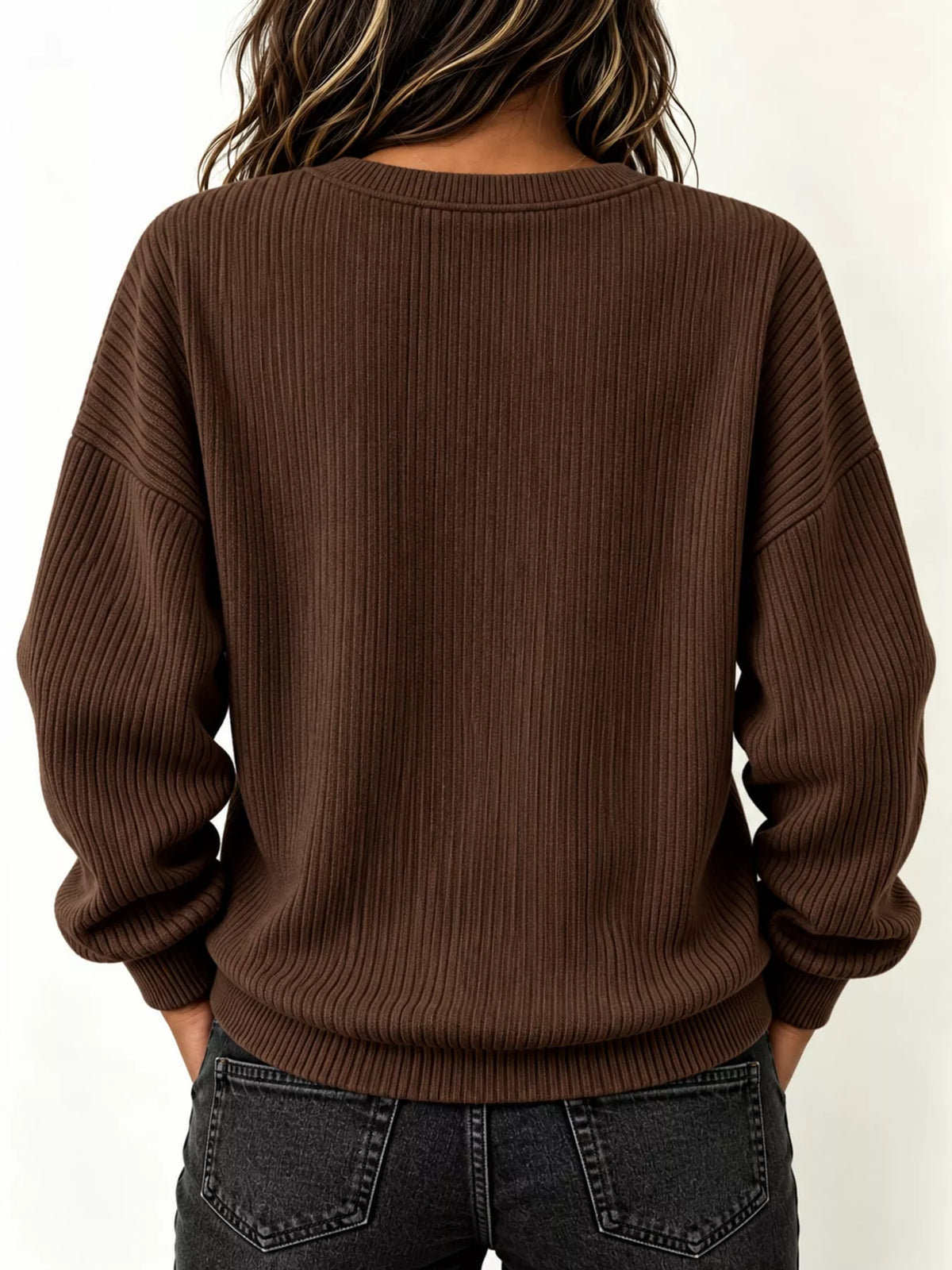 Women's Quarter-Zip Dropped Shoulder Sweatshirt in brown — back view